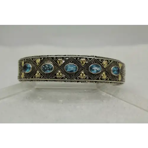 ROBERT MANSE .925 S.S. & 18k Y.G. RARE BLUE TOPAZ HINGED CUFF 7