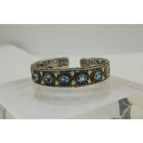 ROBERT MANSE .925 S.S. & 18k Y.G. RARE BLUE TOPAZ HINGED CUFF 7
