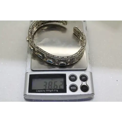 ROBERT MANSE .925 S.S. & 18k Y.G. RARE BLUE TOPAZ HINGED CUFF 7