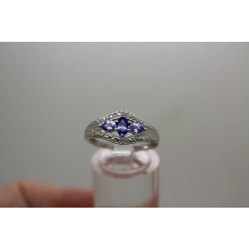 Rodium Plated 14k Y.G. TANZANITE 3 STONE ring size 7.75