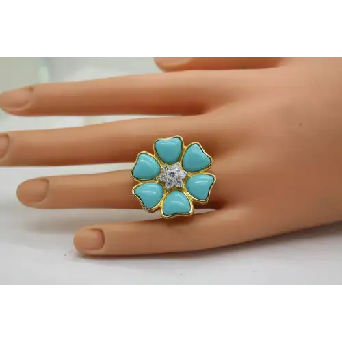 ROSS SIMONS Vermeil .925 S.S. TURQUOISE & CZ FLOWER ring size 7