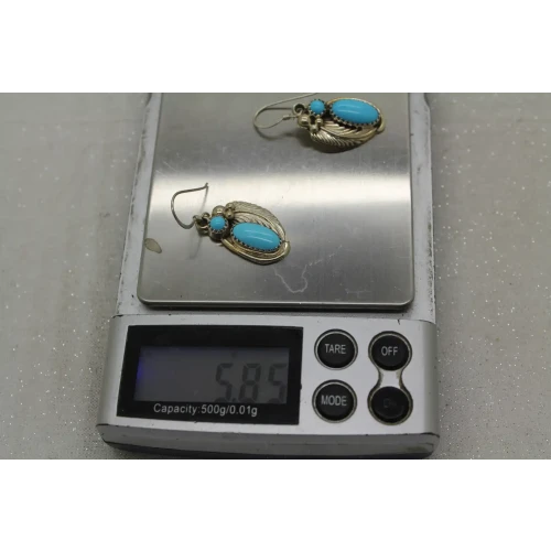 RUNNING BEAR .925 S.S. TURQUOISE FEATHER DESIGN DANGLE earrings