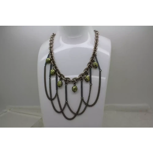 SABIKA VINTAGE Silvertone GREEN BEADED FRINGE Necklace 18