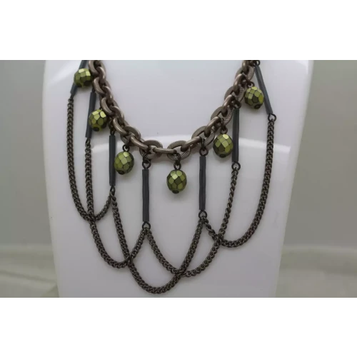 SABIKA VINTAGE Silvertone GREEN BEADED FRINGE Necklace 18
