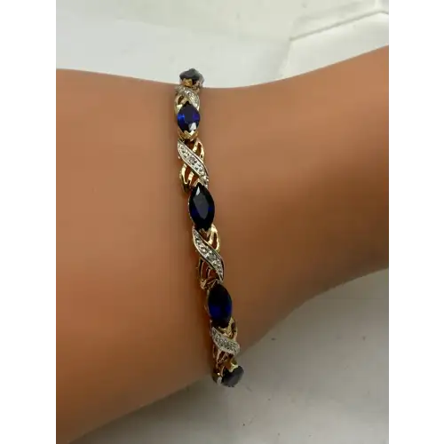 Sig. 10k Gold Filled BLUE SAPPHIRE Diamond Accent XO LINK Bracelet 7
