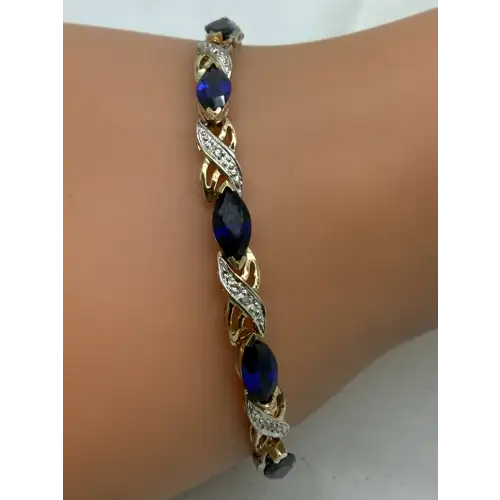 Sig. 10k Gold Filled BLUE SAPPHIRE Diamond Accent XO LINK Bracelet 7