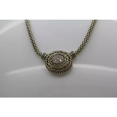 Sig. .925 S.S. 14k Y.G. DIAMOND OVAL PENDANT DESIGN necklace 17