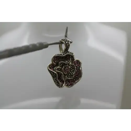 Sig. .925 S.S. PINK CRYSTAL & MARCASITE DIMENSIONAL FLOWER pendant
