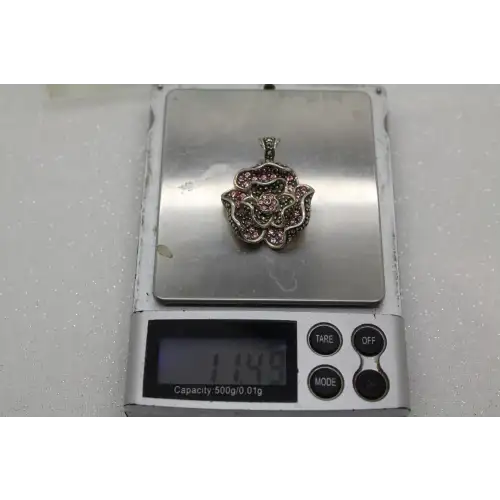 Sig. .925 S.S. PINK CRYSTAL & MARCASITE DIMENSIONAL FLOWER pendant