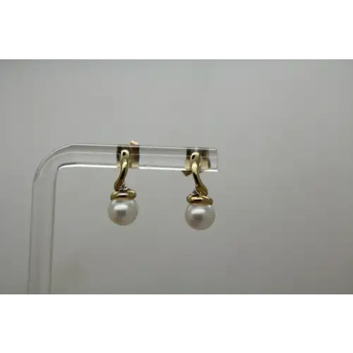 Signed 10k Y.G. WHITE PEARL & DIAMOND acc. SWIRL DROP earrings