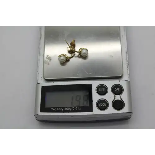 Signed 10k Y.G. WHITE PEARL & DIAMOND acc. SWIRL DROP earrings