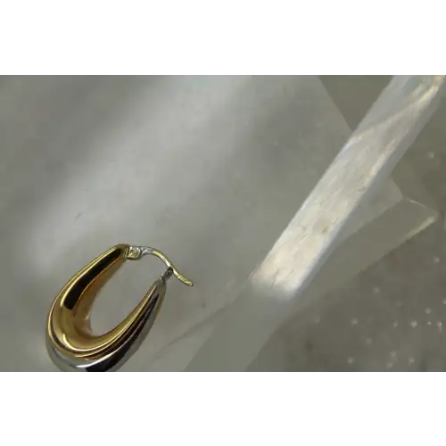 Signed 14k TWO TONE Y.G. & W.G. CHUNKY ELONGATED HOLLOW HOOP