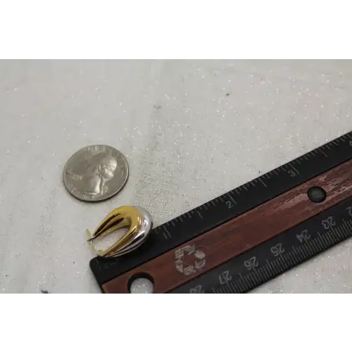 Signed 14k TWO TONE Y.G. & W.G. CHUNKY ELONGATED HOLLOW HOOP