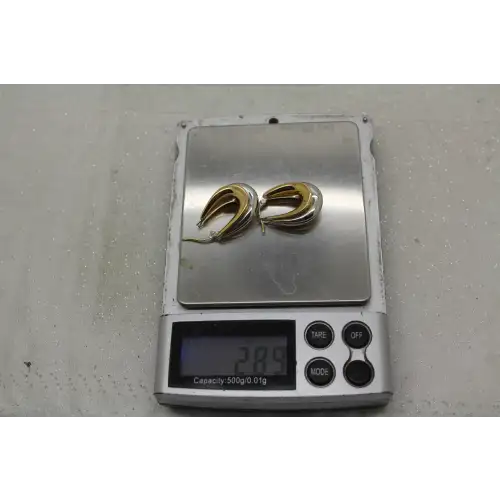 Signed 14k TWO TONE Y.G. & W.G. CHUNKY ELONGATED HOLLOW HOOP