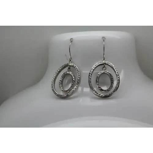 Signed 14k W.G. LASER CUT SPARKLE EFFECT DOUBLE OVAL DANGLE