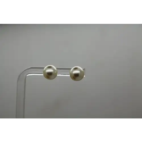 Signed 14k Y.G. 8mm ROUND CHAMPAGNE WHITE PEARL stud earrings