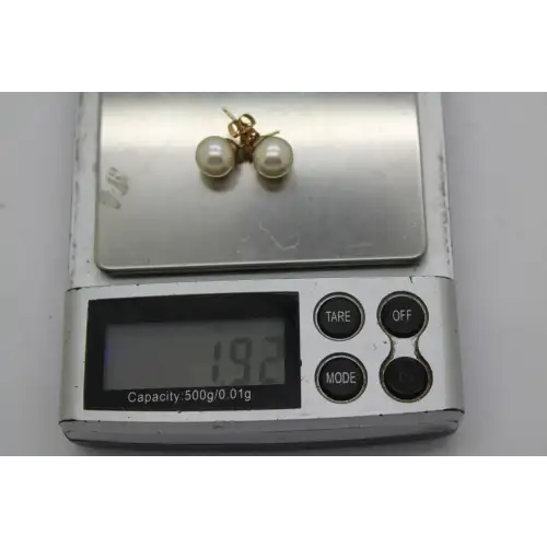 Signed 14k Y.G. 8mm ROUND CHAMPAGNE WHITE PEARL stud earrings