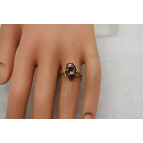 Signed 14k Y.G. CHOCOLATE PEARLS & DIAMOND accent ring size 7