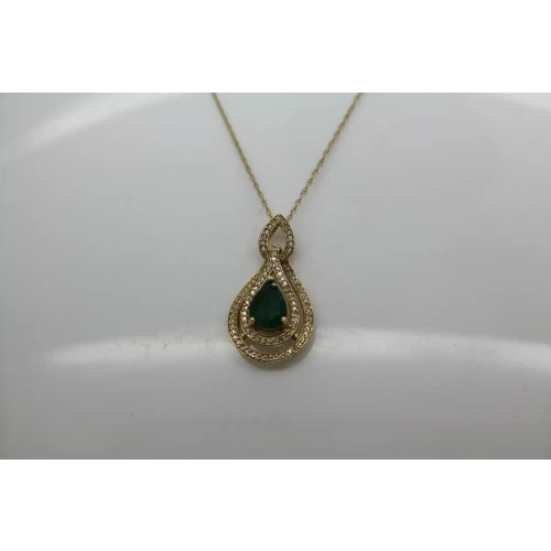 Signed 14k Y.G. EMERALD & DIAMOND TEARDROP pendant necklac 18