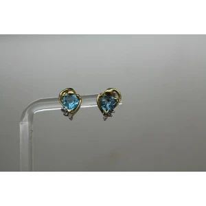 Signed 14k Y.G. Heart Cut BLUE TOPAZ & DIAMOND SWIRL DESIGN earrings