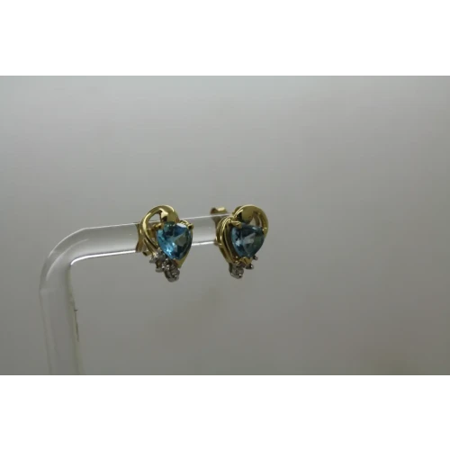 Signed 14k Y.G. Heart Cut BLUE TOPAZ & DIAMOND SWIRL DESIGN earrings