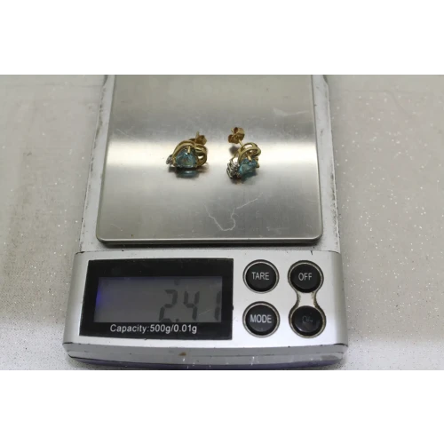 Signed 14k Y.G. Heart Cut BLUE TOPAZ & DIAMOND SWIRL DESIGN earrings