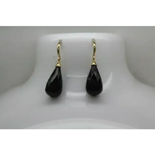 Signed 14k Y.G. MULTI FACETED TEARDROP ONYX DANGLE earrings