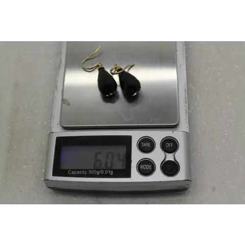 Signed 14k Y.G. MULTI FACETED TEARDROP ONYX DANGLE earrings