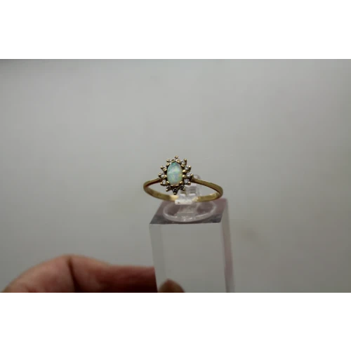 Signed 14k Y.G. Oval Cut OPAL & DIAMOND HALO ring size 9.5