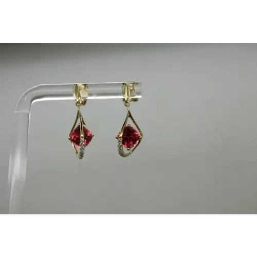 Signed 14k Y.G. PINK SAPPHIRE & DIAMOND TWIST DESIGN Dangles