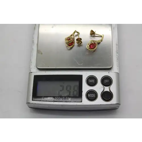 Signed 14k Y.G. PINK SAPPHIRE & DIAMOND TWIST DESIGN Dangles