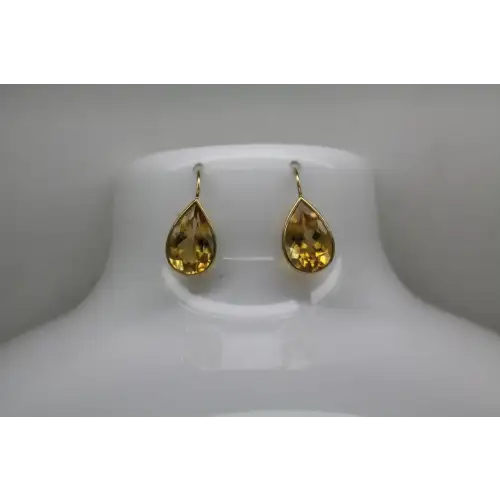Signed 14k Y.G. TEARDROP BEZEL SET CITRINE DROP earrings