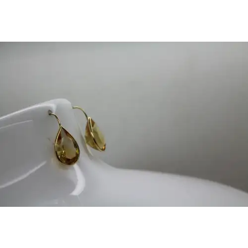 Signed 14k Y.G. TEARDROP BEZEL SET CITRINE DROP earrings