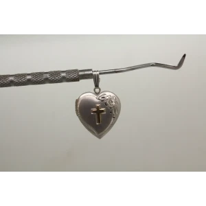 Signed .925 S.S. 14k Y.G. CROSS FLORAL ETCHED HEART LOCKET pendant