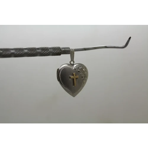 Signed .925 S.S. 14k Y.G. CROSS FLORAL ETCHED HEART LOCKET pendant