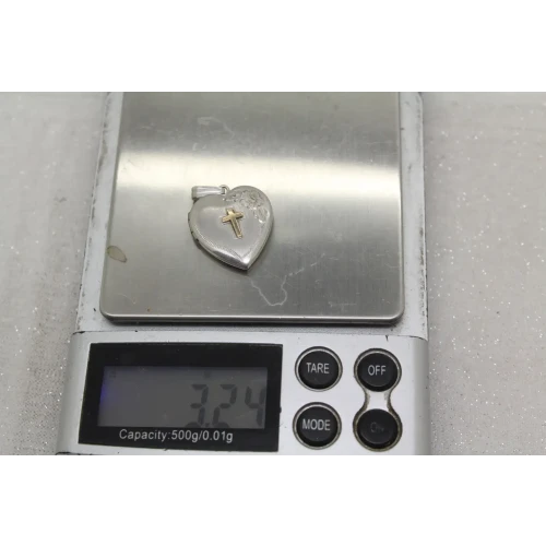 Signed .925 S.S. 14k Y.G. CROSS FLORAL ETCHED HEART LOCKET pendant