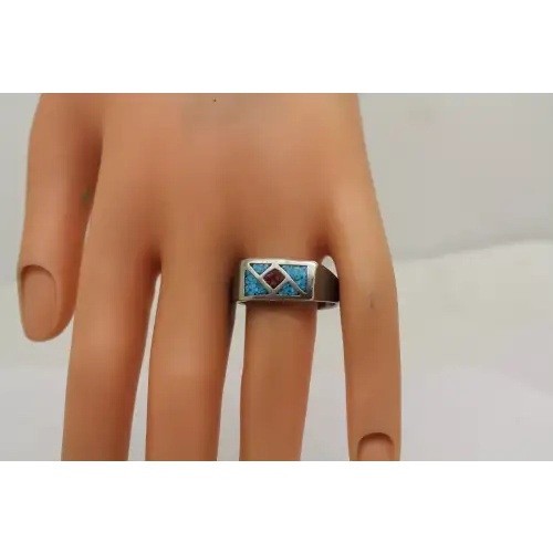 Signed .925 S.S. CRUSHED TURQUOISE & CORAL INLAY ring size 12.25