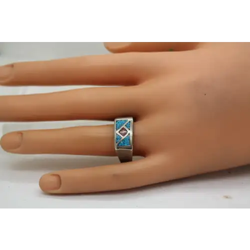 Signed .925 S.S. CRUSHED TURQUOISE & CORAL INLAY ring size 12.25