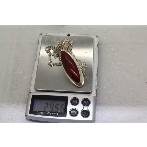 Signed .925 S.S. ELONGATED RED JASPER pendant necklace 30