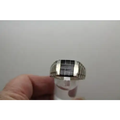 Signed .925 S.S. ONXY CHANNEL INLAY RIBBED BAND ring size 14.25 #