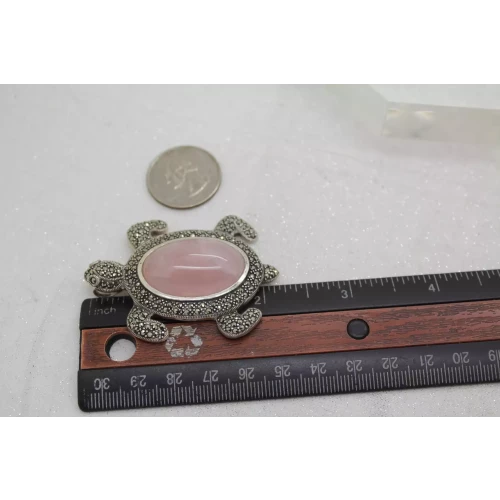Signed .925 S.S. ROSE QUARTZ & MARCASITE LARGE TURTLE pendant