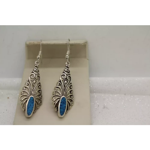 Signed .925 S.S. TURQUOISE CHIP INLAY FILIGREE Dangle Earrings
