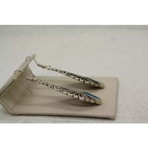 Signed .925 S.S. TURQUOISE CHIP INLAY FILIGREE Dangle Earrings