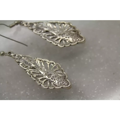 Signed .925 S.S. TURQUOISE CHIP INLAY FILIGREE Dangle Earrings