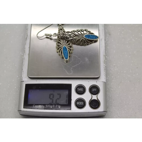 Signed .925 S.S. TURQUOISE CHIP INLAY FILIGREE Dangle Earrings