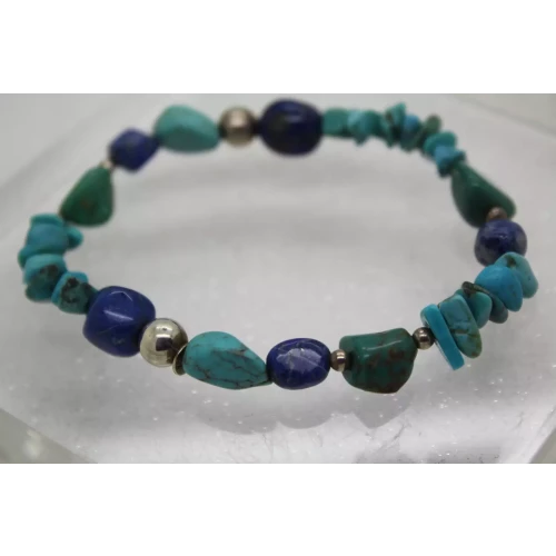 Signed .925 Sterling Silver, TURQUOISE & LAPIS LAZULI stretch beaded bracelet 7