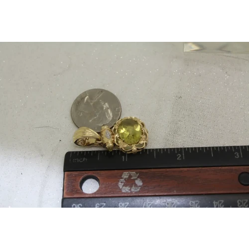 Signed AE 14k Y.G. PERIDOT DIAMOND accent ART DECO DESIGN pendant