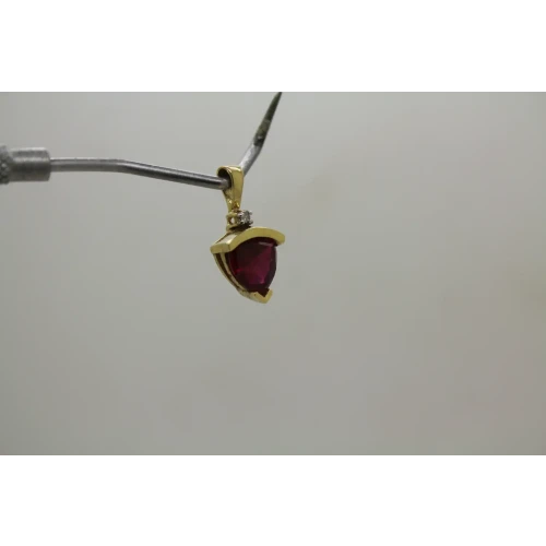 Signed AU 10k Y.G. TRILLION CUT RUBY & accent DIAMOND pendant