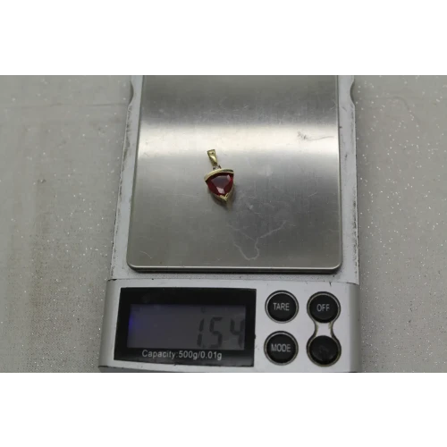 Signed AU 10k Y.G. TRILLION CUT RUBY & accent DIAMOND pendant