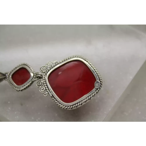 Signed BC .925 S.S. Large RED CORAL SOUTHWESTERN DANGLE pendant